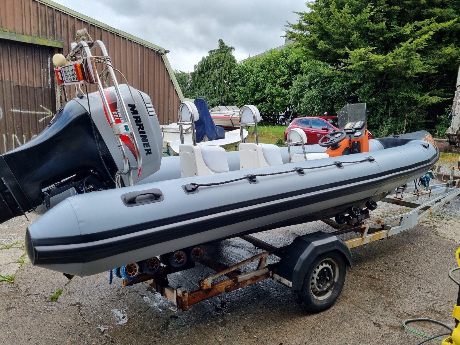 Grey RIB with new tube fittings at the workshop